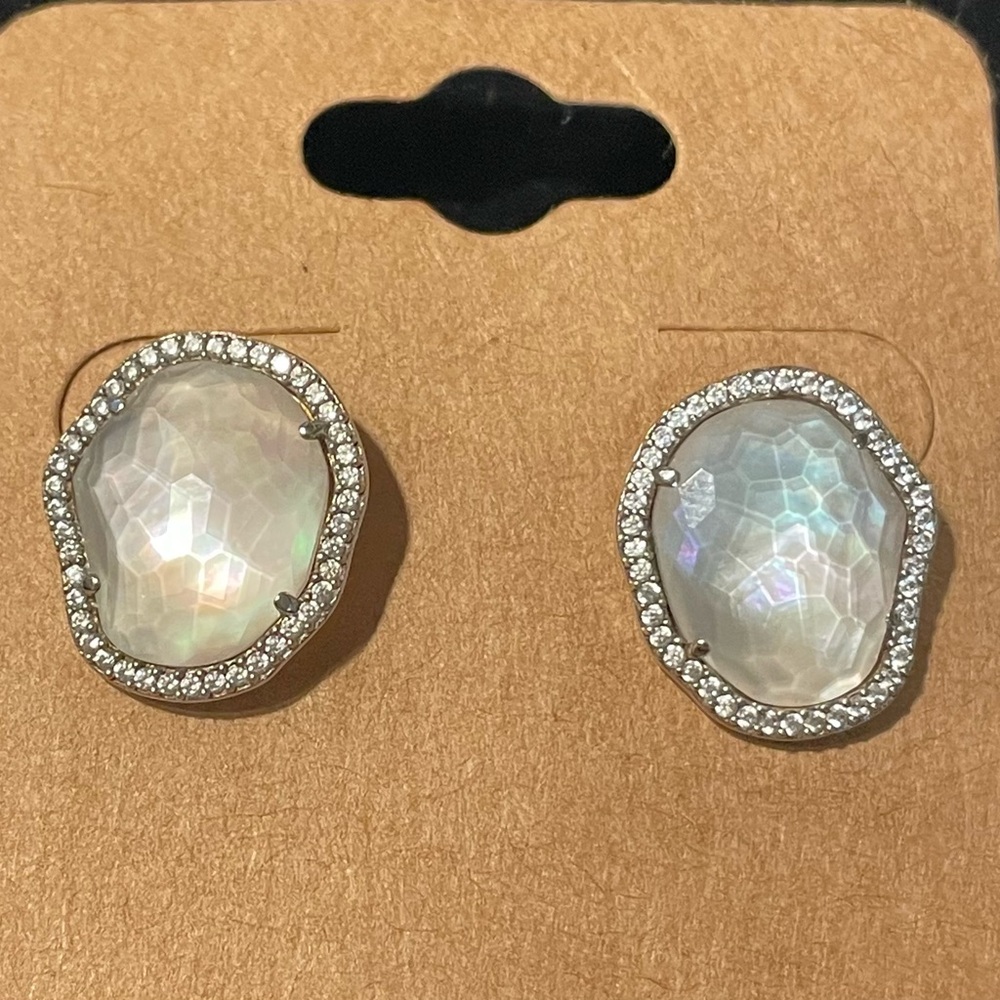 Nadri Sterling Silver 925 Mother of Pearl Halo Stud Earrings | Art Deco Inspired - Picture 2 of 7